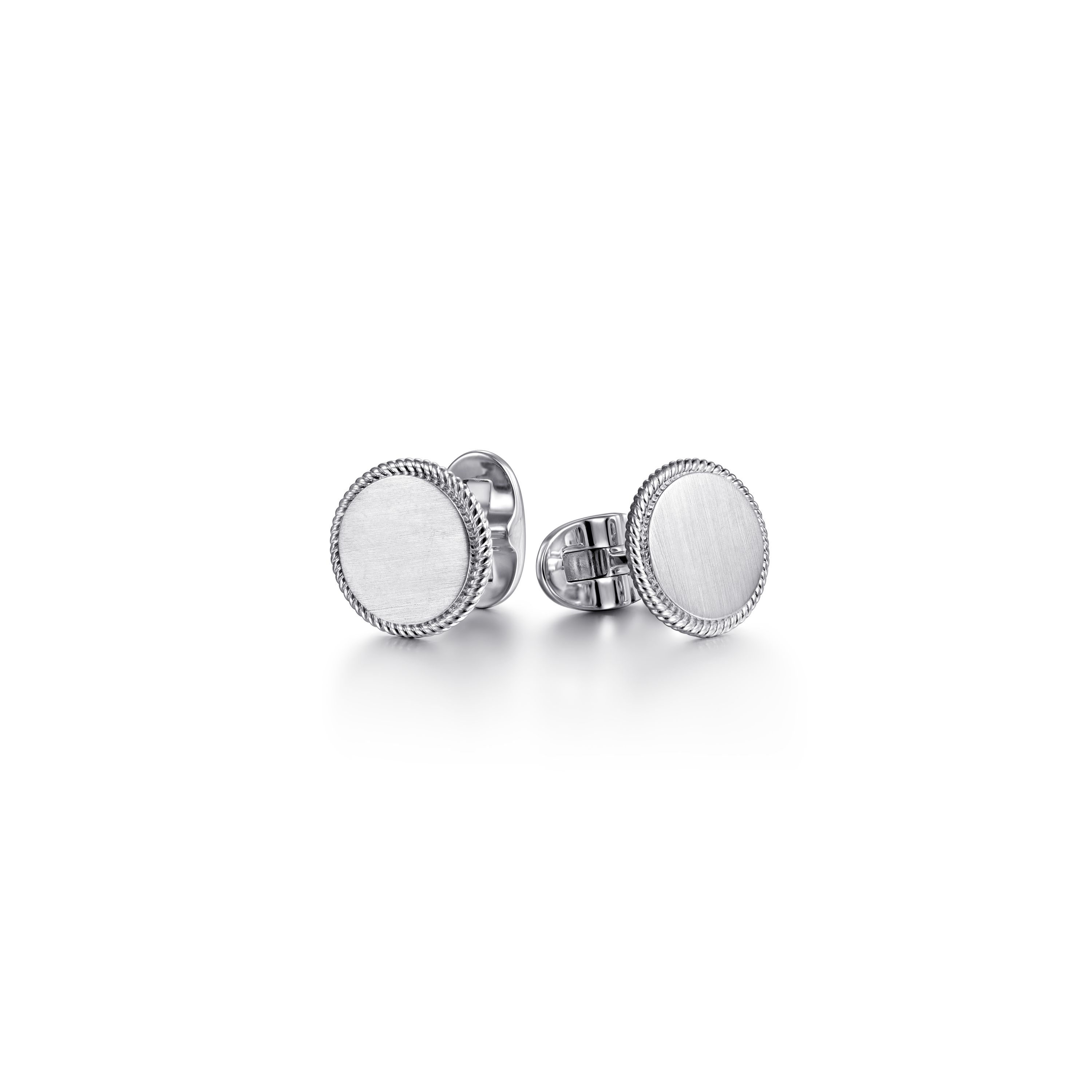 Sterling Silver Round Raised Brush Top Twist Trim Cufflinks