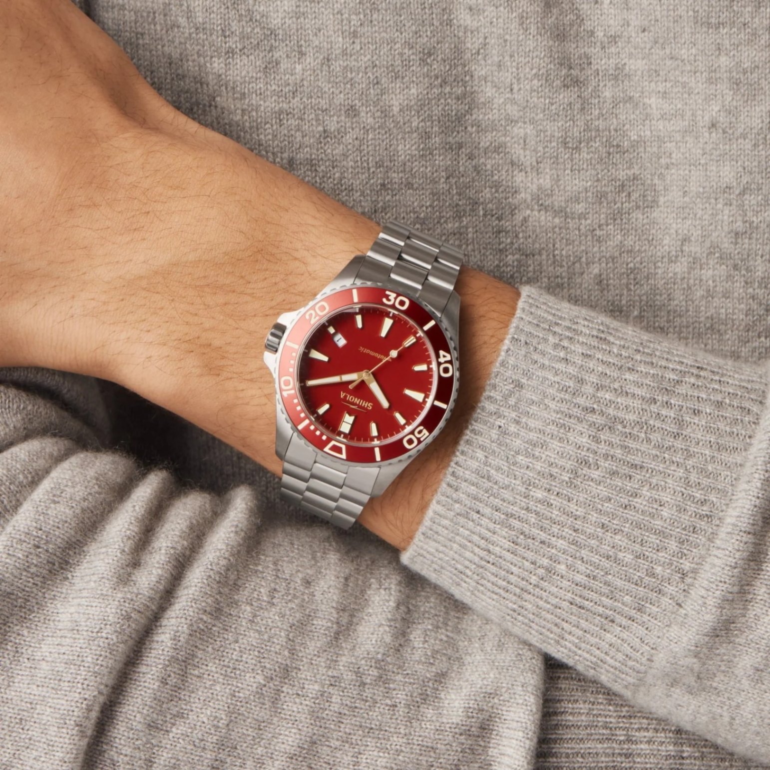 Shinola 43mm Monster Watch - Lava Lake Red Dial, Titanium Bracelet