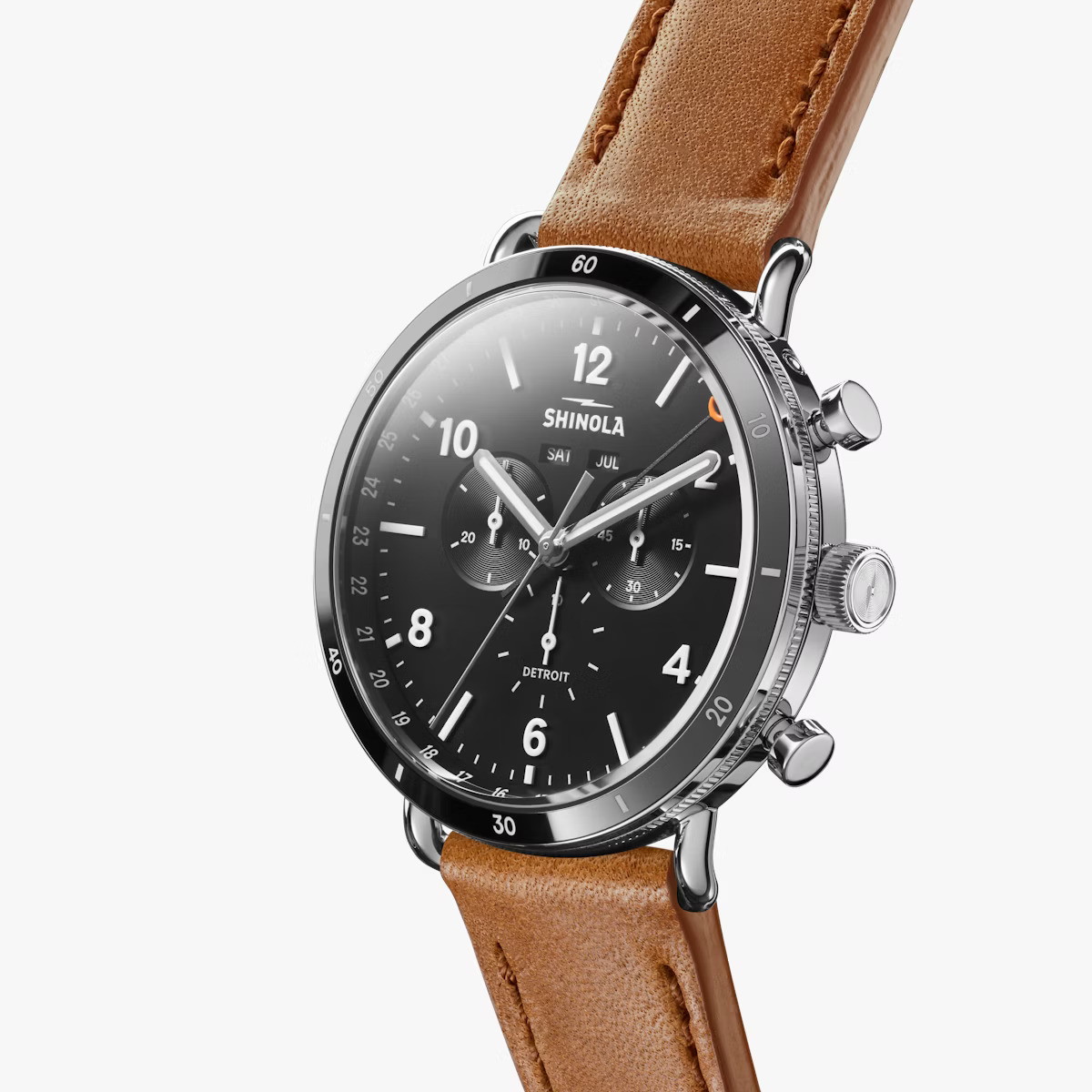 45MM CANFIELD SPORT BLACK DIAL BOURBON LEATHER STRAP WATCH