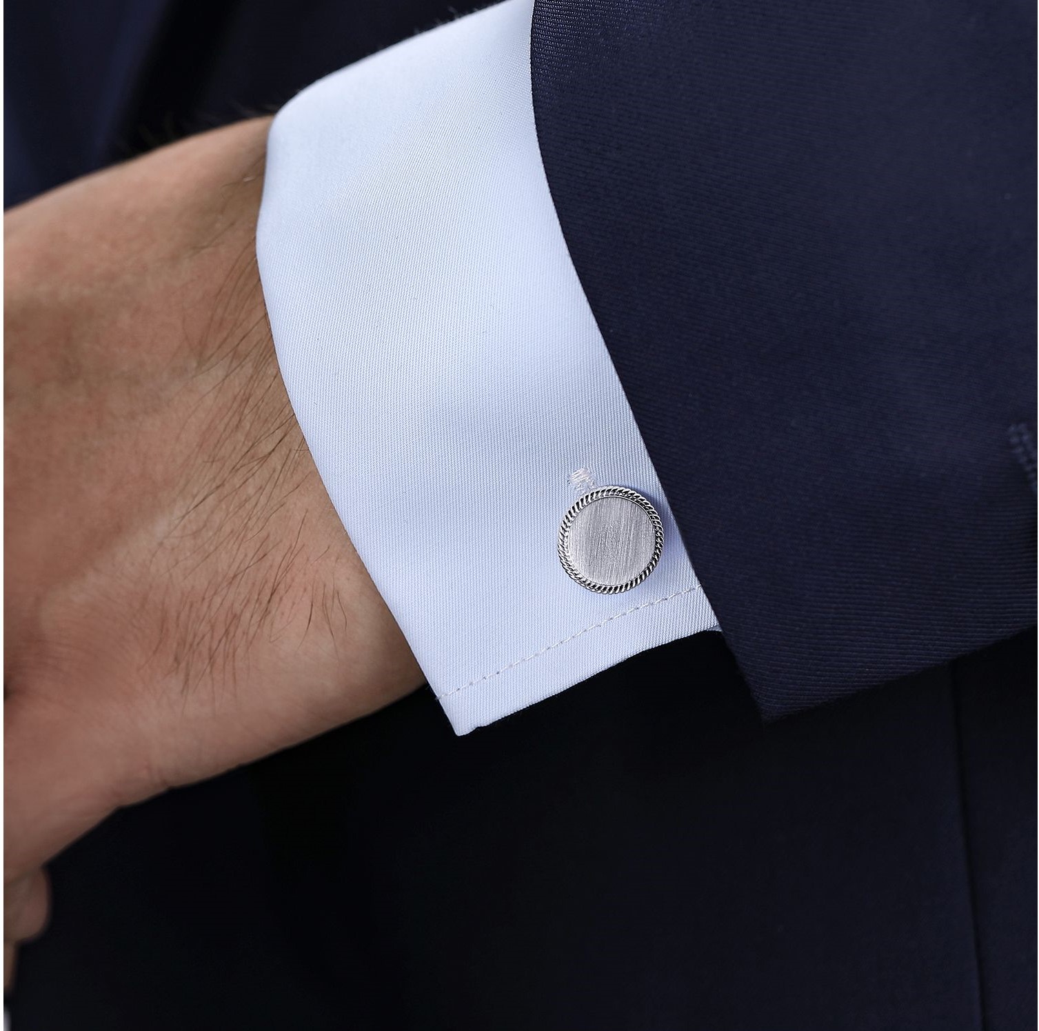 Sterling Silver Round Raised Brush Top Twist Trim Cufflinks