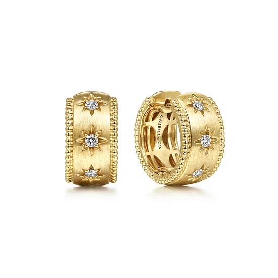 14KY .15CTW DIA 3STONE STAR 15MM HUGGIE EARR