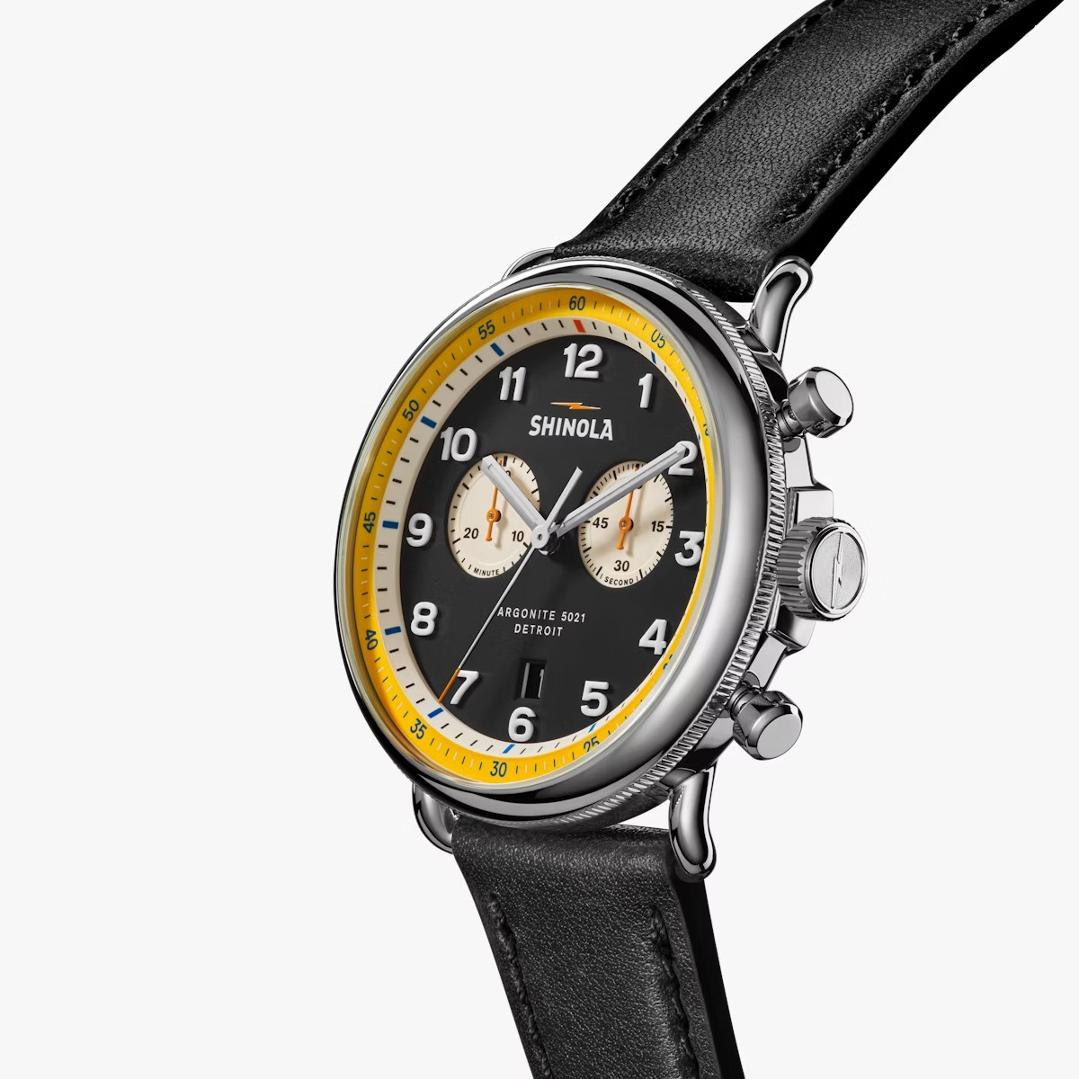 43MM CANFIELD CHRONO DARK BLUE FACE CREAM/YELLOW ACCENTS BLK LEATHER STRAP