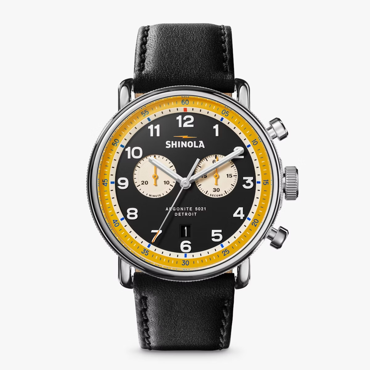43MM CANFIELD CHRONO DARK BLUE FACE CREAM/YELLOW ACCENTS BLK LEATHER STRAP