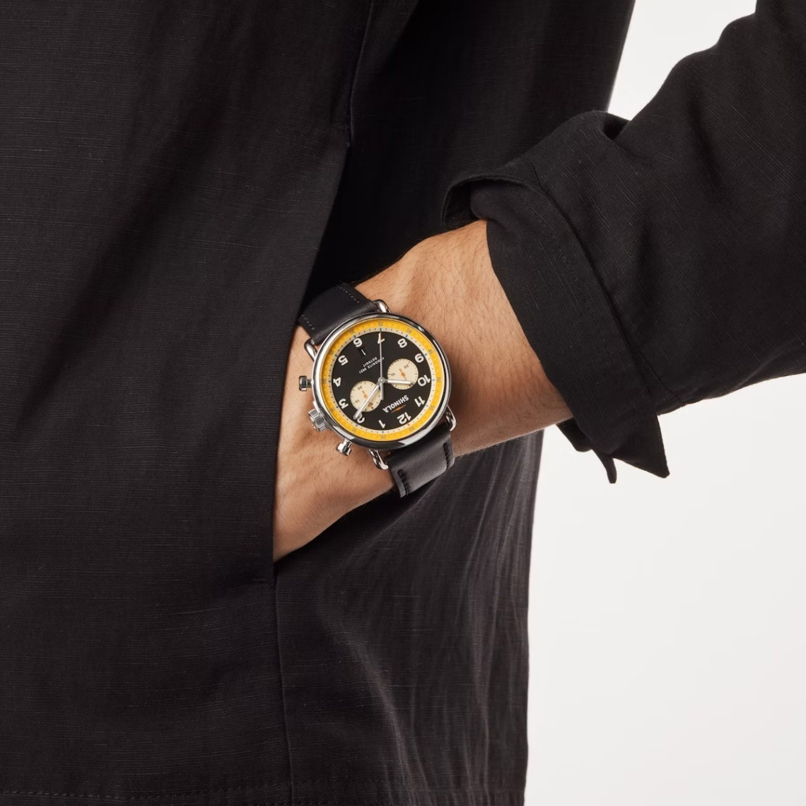 43MM CANFIELD CHRONO DARK BLUE FACE CREAM/YELLOW ACCENTS BLK LEATHER STRAP