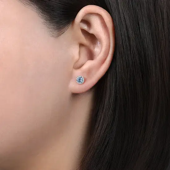 14KW .43CTW AQUA .09CTW DIA ROUND 3PRNG HALO STUD EARR