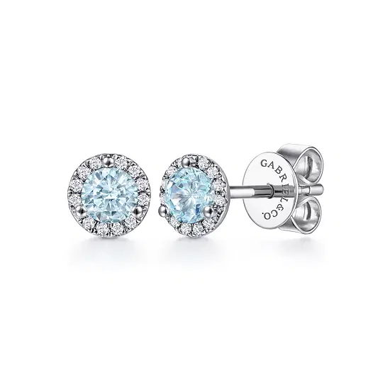 14KW .43CTW AQUA .09CTW DIA ROUND 3PRNG HALO STUD EARR