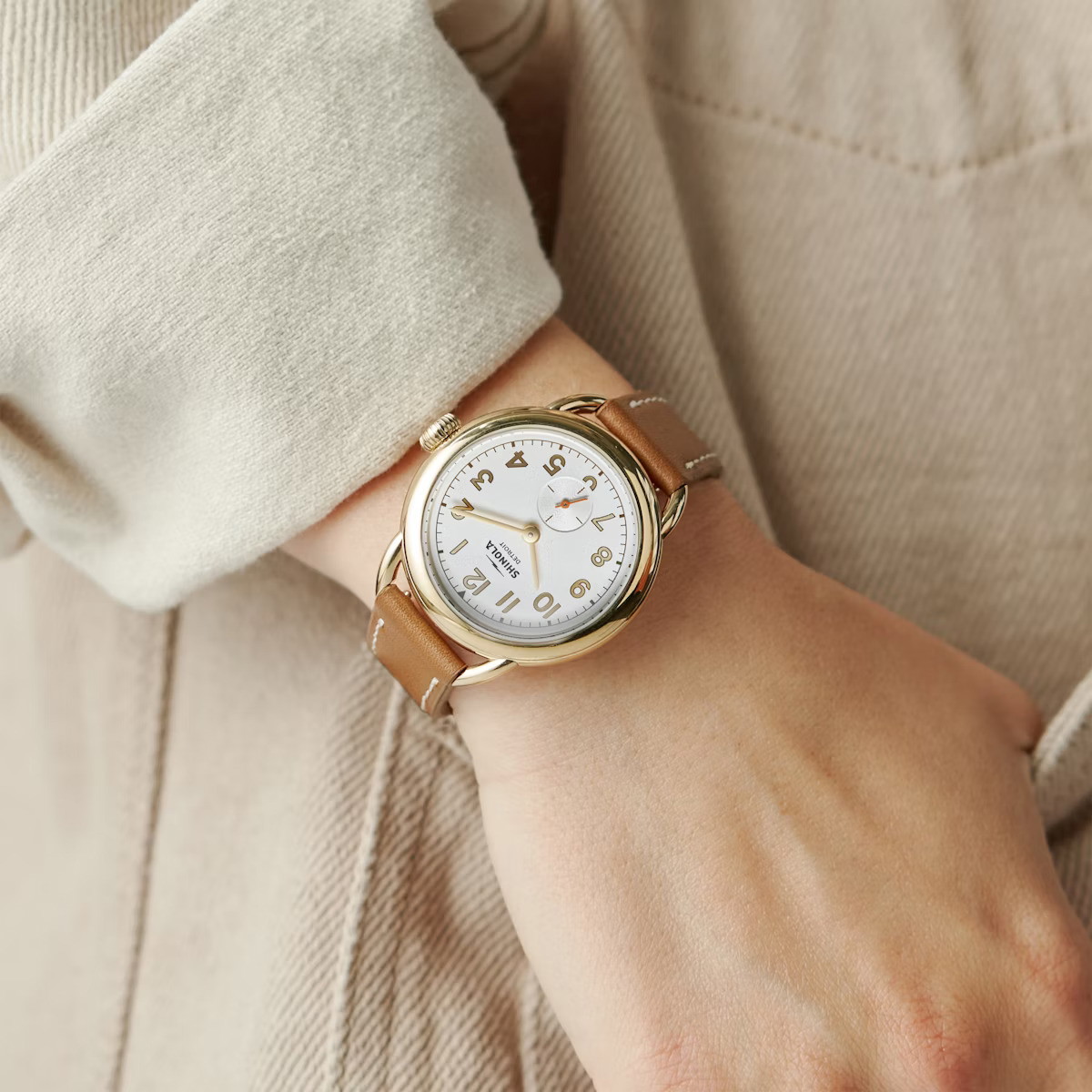 36MM RUNABOUT SUB SECOND IVORY DIAL TAN LEATHER STRAP WATCH