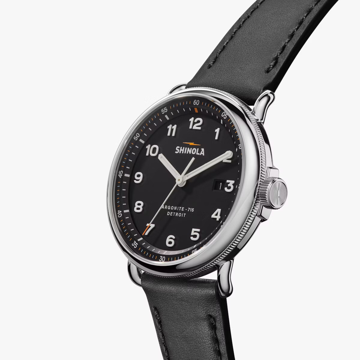 43MM CANFIELD BLACK DIAL BLACK LEATHER STRAP WATCH