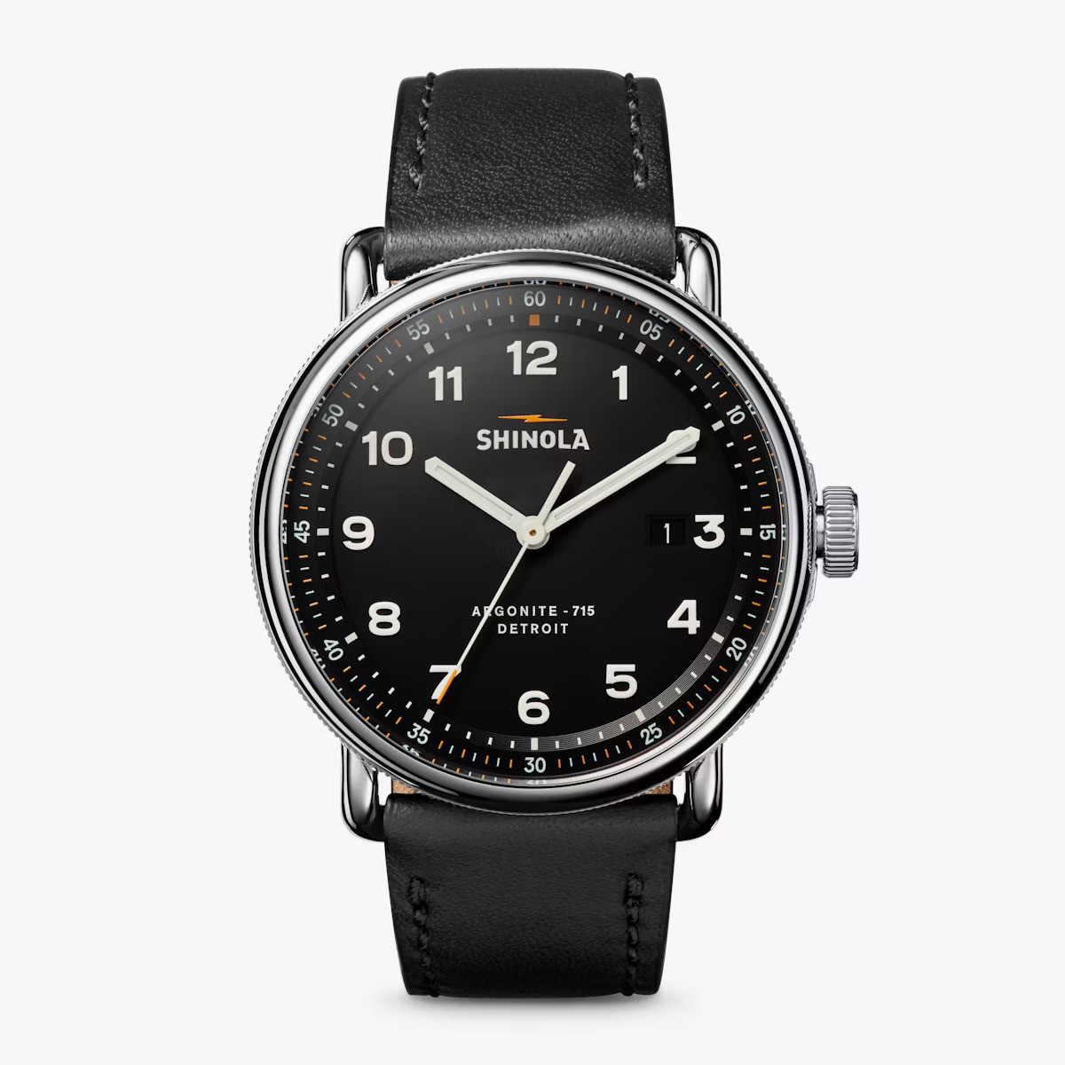 43MM CANFIELD BLACK DIAL BLACK LEATHER STRAP WATCH