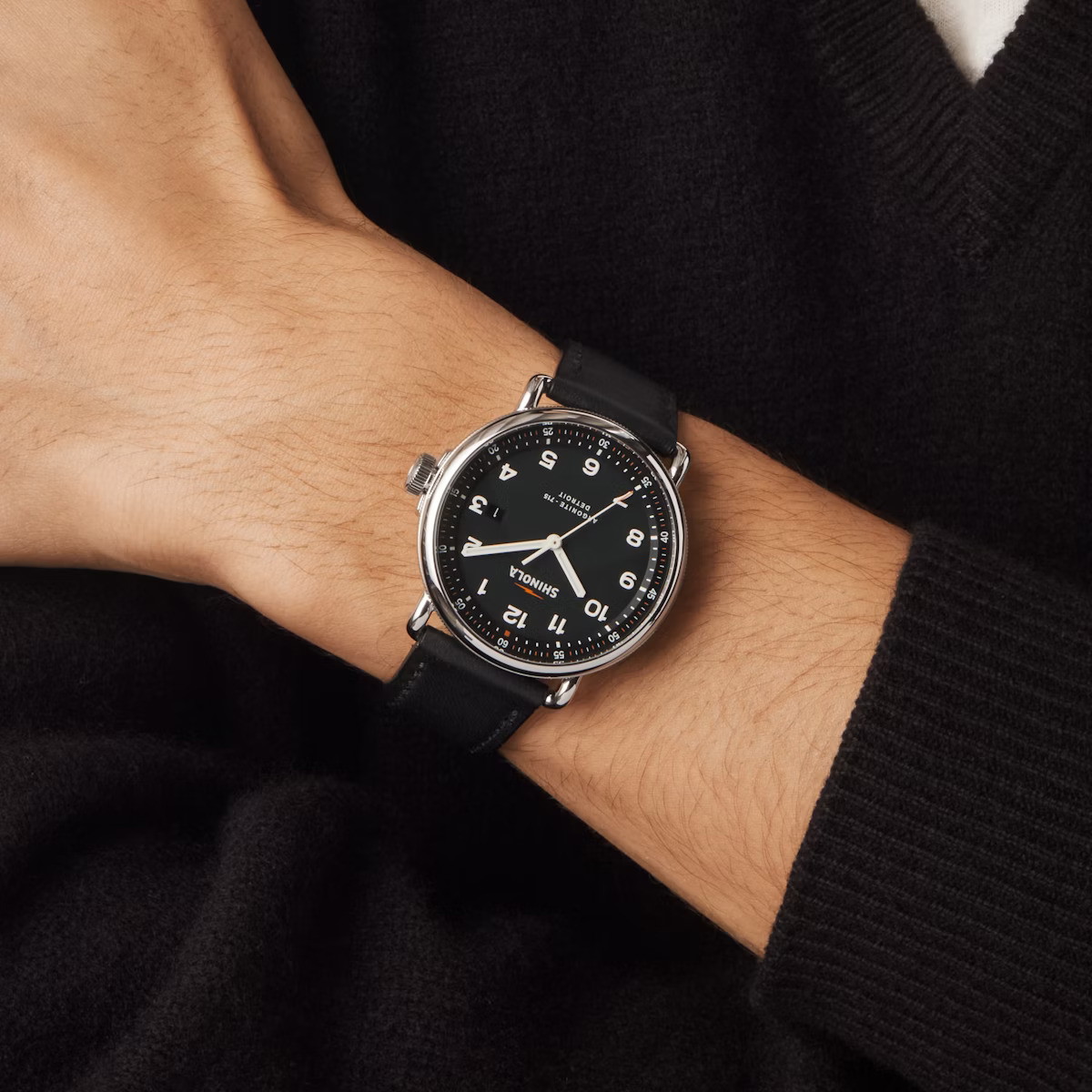 43MM CANFIELD BLACK DIAL BLACK LEATHER STRAP WATCH