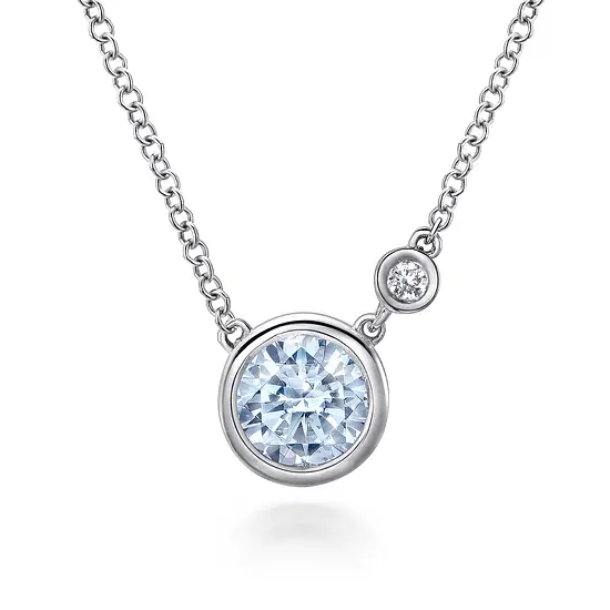 SS .68CTW AQUA .02CTW DIA ACCENT BEZEL PEND NECK 17.5"