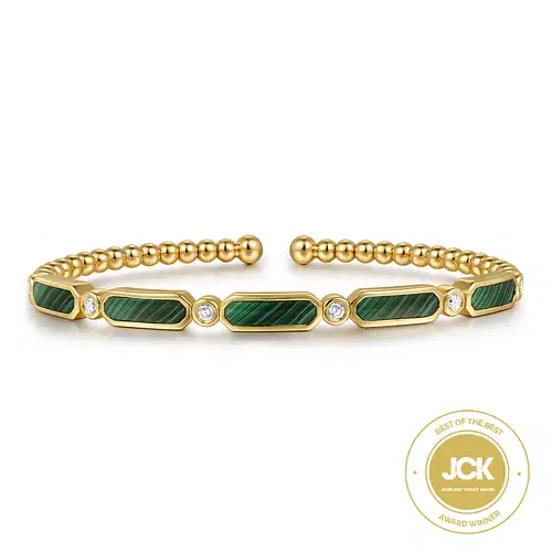 14KY 3.26CTW MALACHITE .21CTW DIA BEZEL BEAD BUJUKAN BANGLE BRAC 5.75"