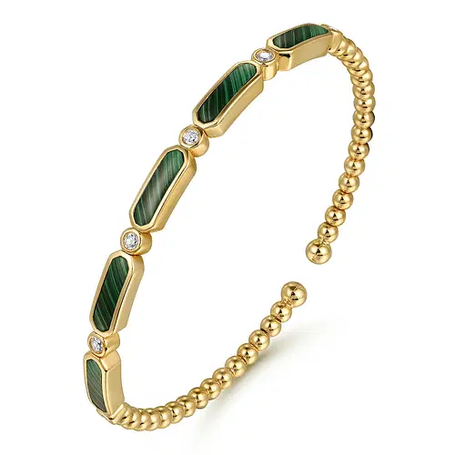 14KY 3.26CTW MALACHITE .21CTW DIA BEZEL BEAD BUJUKAN BANGLE BRAC 5.75"