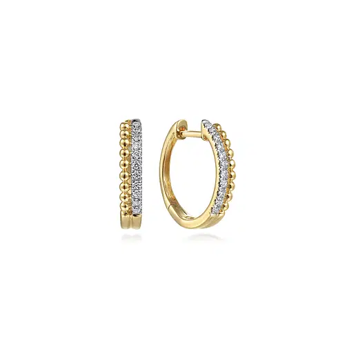 14KY .11CTW DIA BEADED 2 ROW PAVE 10MM HUGGIE EARR