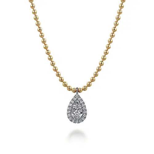 14KYW .24CTW DIA .PEAR SHAPE PEND BALL CHAIN 16"
