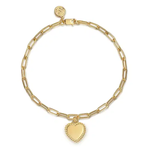 14KY BEADED HEART CHARM PAPERCLIP BRAC 7"