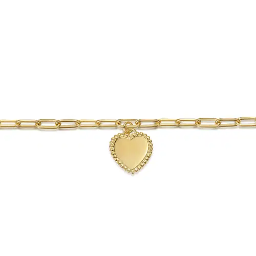 14KY BEADED HEART CHARM PAPERCLIP BRAC 7"