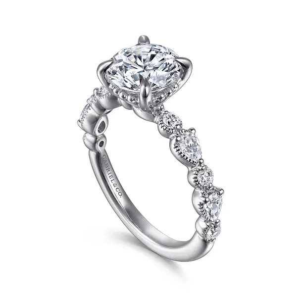 14KW .54CTW RBC/PEAR DIA HALF BAND W/BEADED HALO SEMI