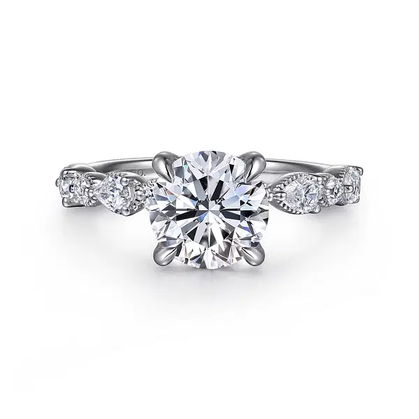 14KW .54CTW RBC/PEAR DIA HALF BAND W/BEADED HALO SEMI