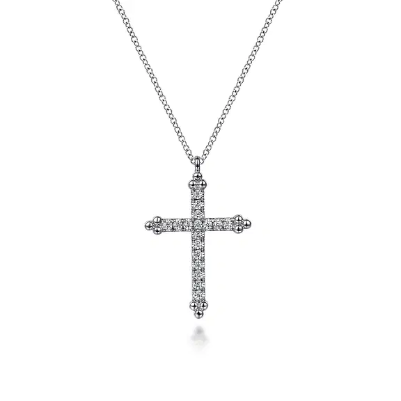 14KW .26CTW DIAMOND CROSS W/ BEADED DETAILS PENDANT NECK 17.5"