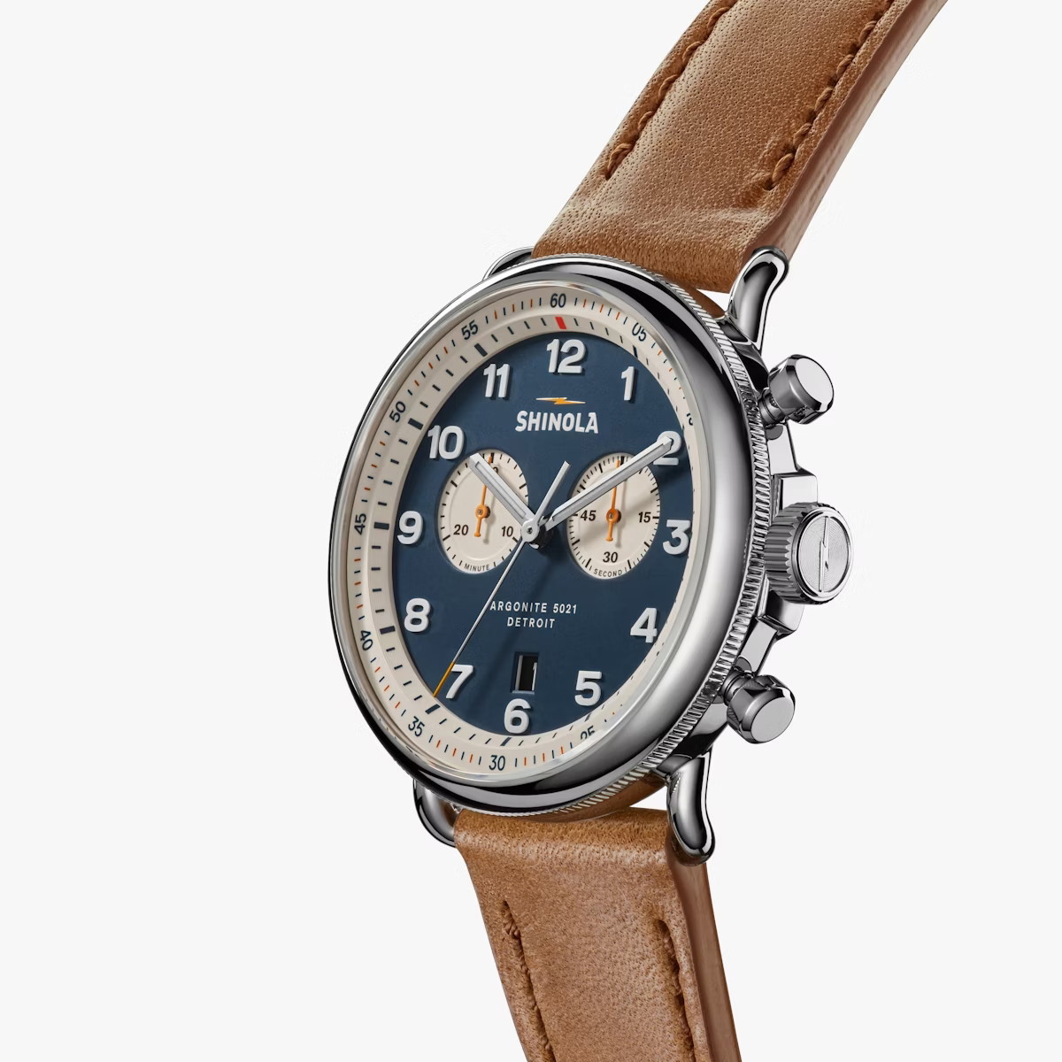 Shinola 43mm Canfield Chrono Watch - Dark Blue Dial, Bourbon Leather