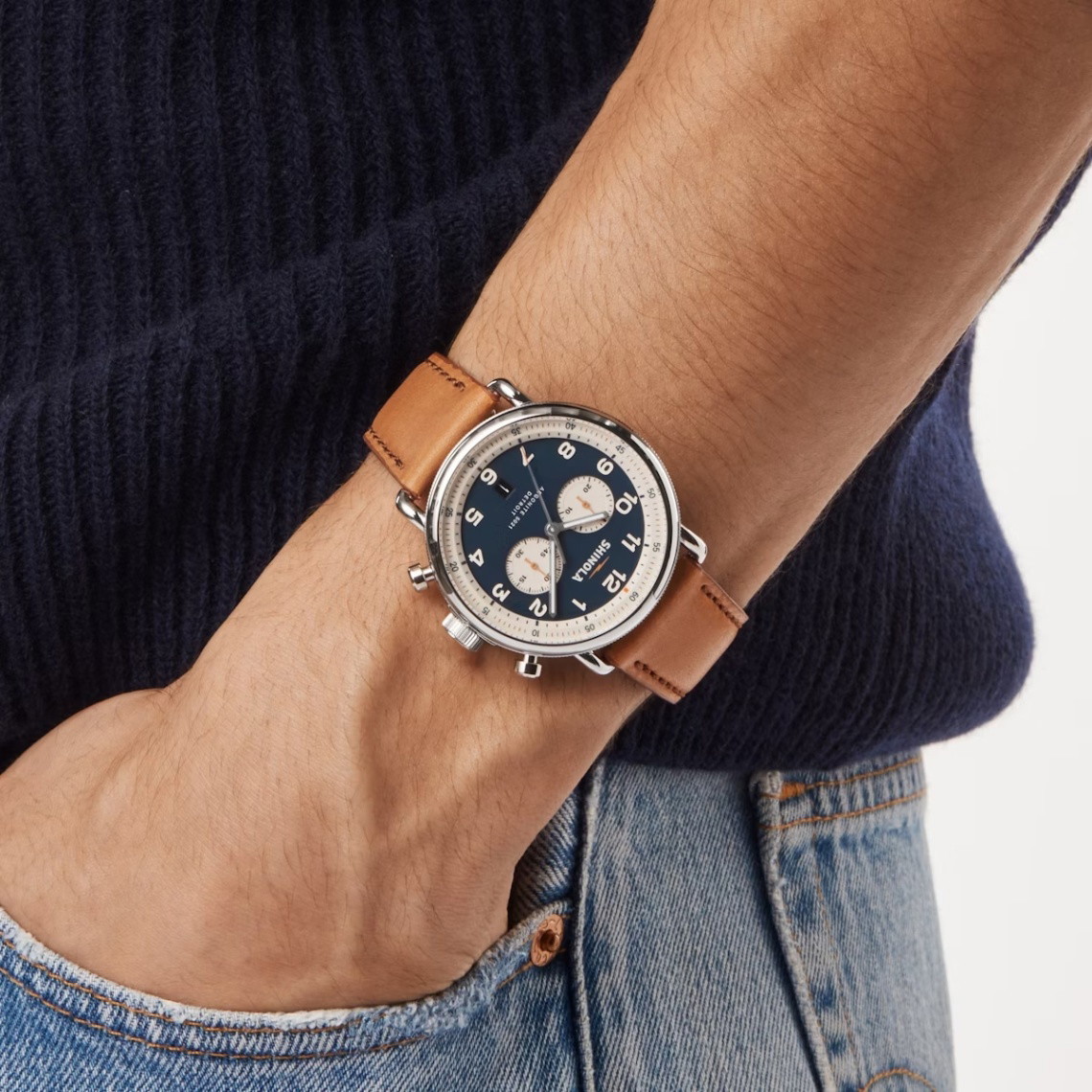 Shinola 43mm Canfield Chrono Watch - Dark Blue Dial, Bourbon Leather