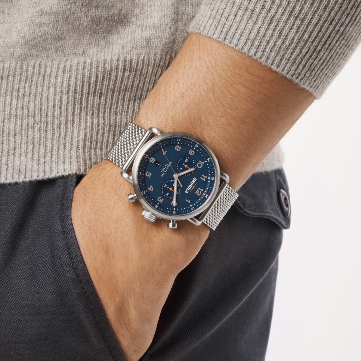 Shinola 43mm Canfield Chrono Watch - Dark Blue Dial, Silver Bracelet