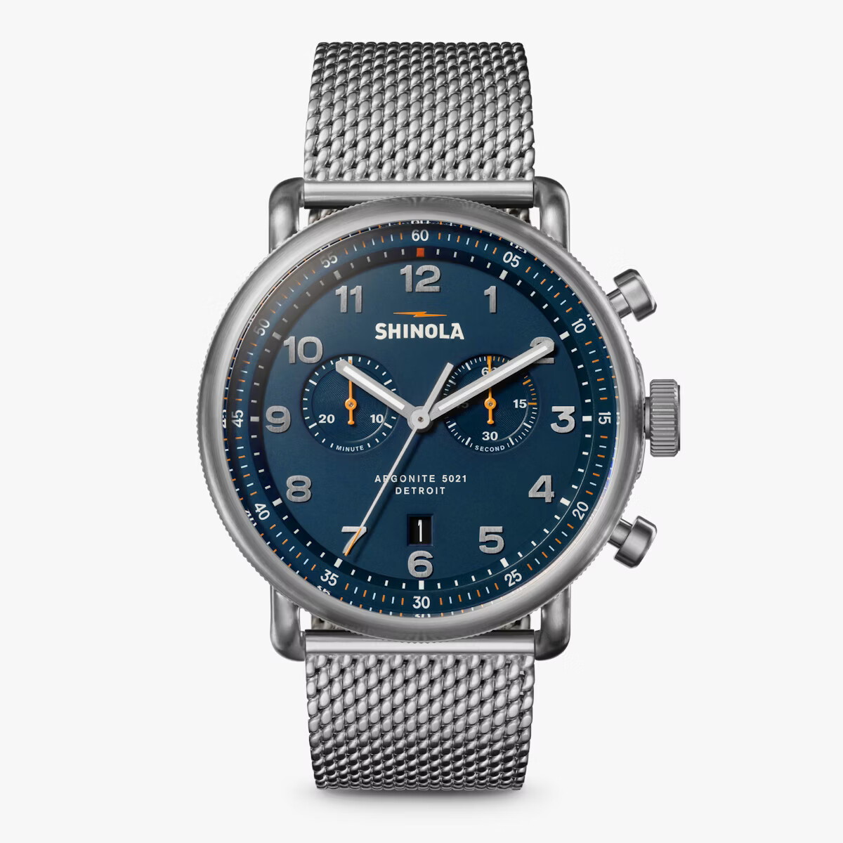 Shinola 43mm Canfield Chrono Watch - Dark Blue Dial, Silver Bracelet