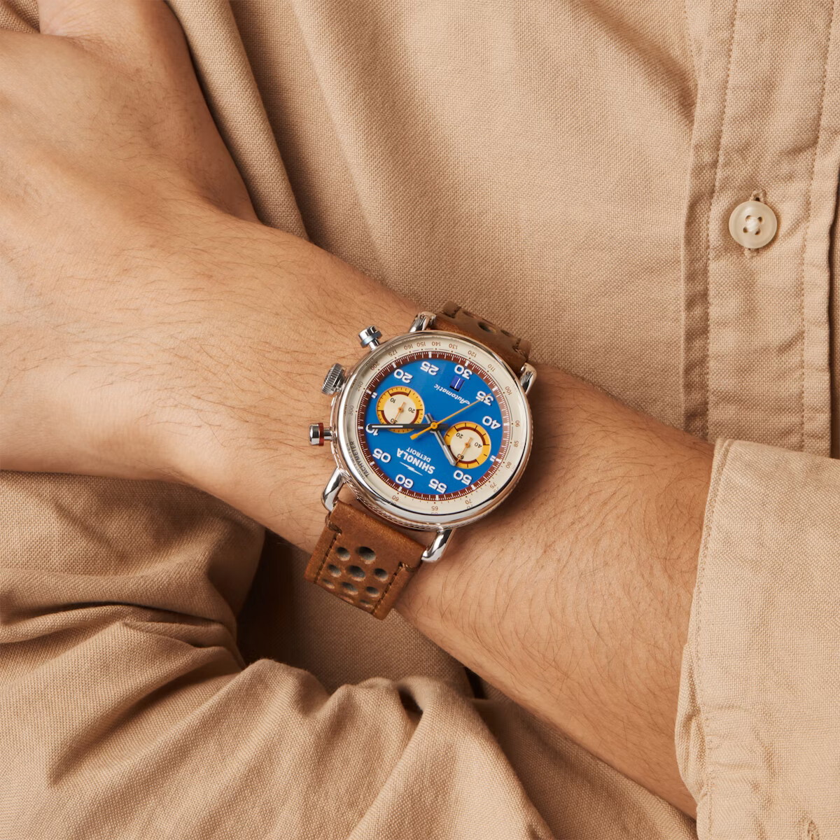 Shinola 44mm Canfield Chrono Watch - Blue Dial, Brown Leather Strap