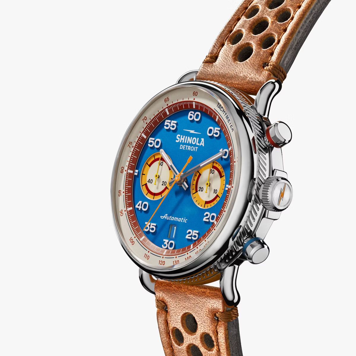 Shinola 44mm Canfield Chrono Watch - Blue Dial, Brown Leather Strap