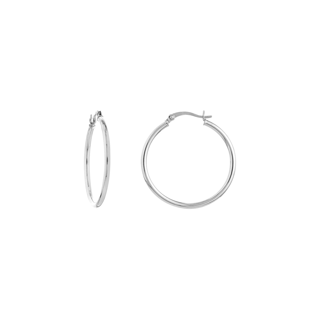 14K White Gold Medium Round Tube Hoop Earrings (2x30mm)
