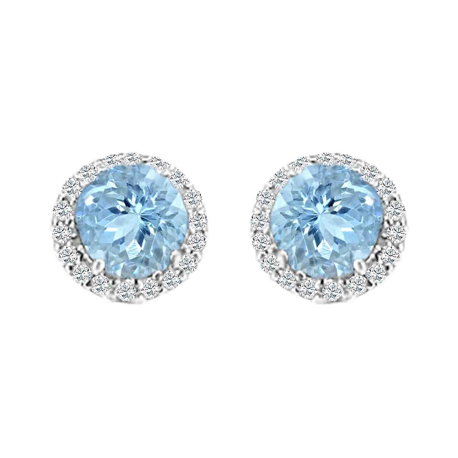 14K White Gold Octagon Aquamarine & Diamond Halo Stud Earrings