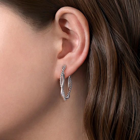 Gabriel & Co. Sterling Silver Oval Twist Beaded Medium Hoop Earrings