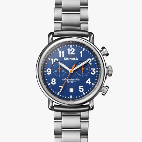 Shinola 41mm Runwell Chrono Watch - Blue Dial, Silver Bracelet