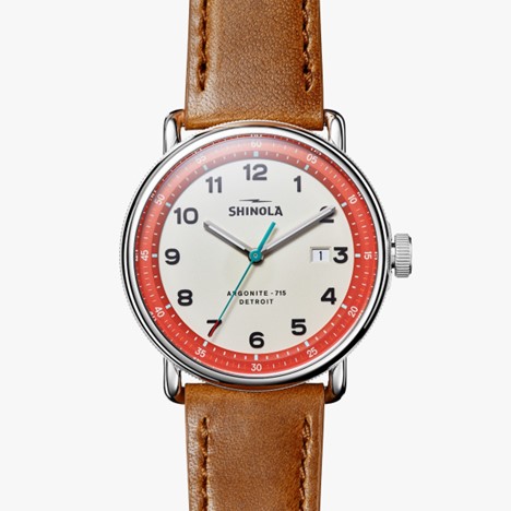 Shinola 43mm Canfield C56 Watch - Beige/Orange Dial, Bourbon Leather Strap