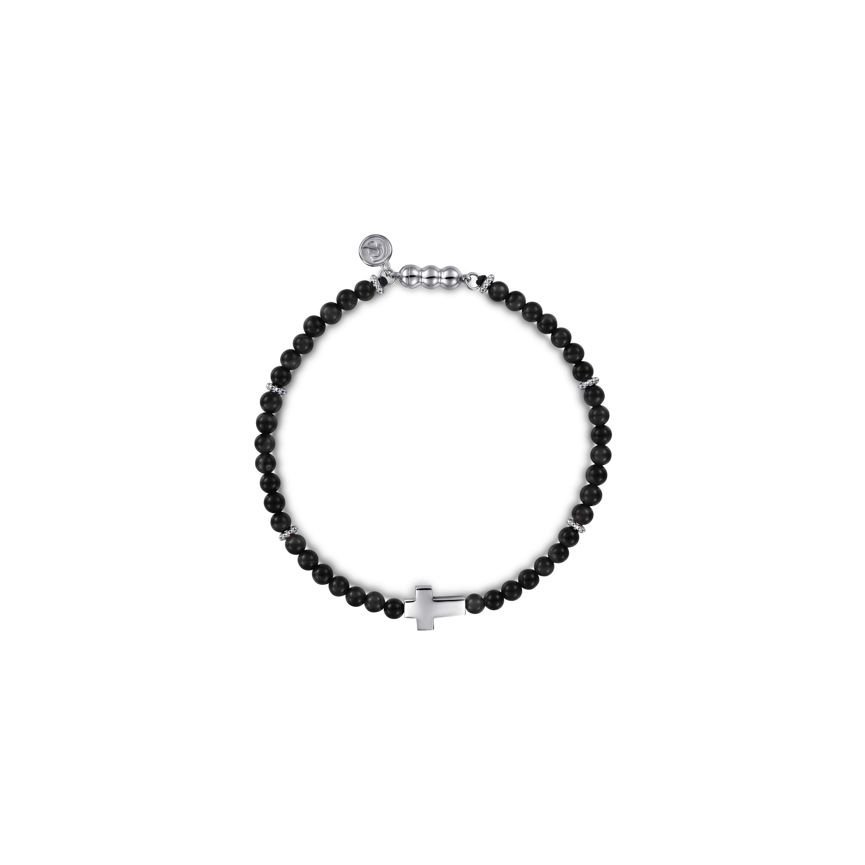 Gabriel & Co. Sterling Silver Onyx Beaded Small Cross Bracelet (4mm, 8")