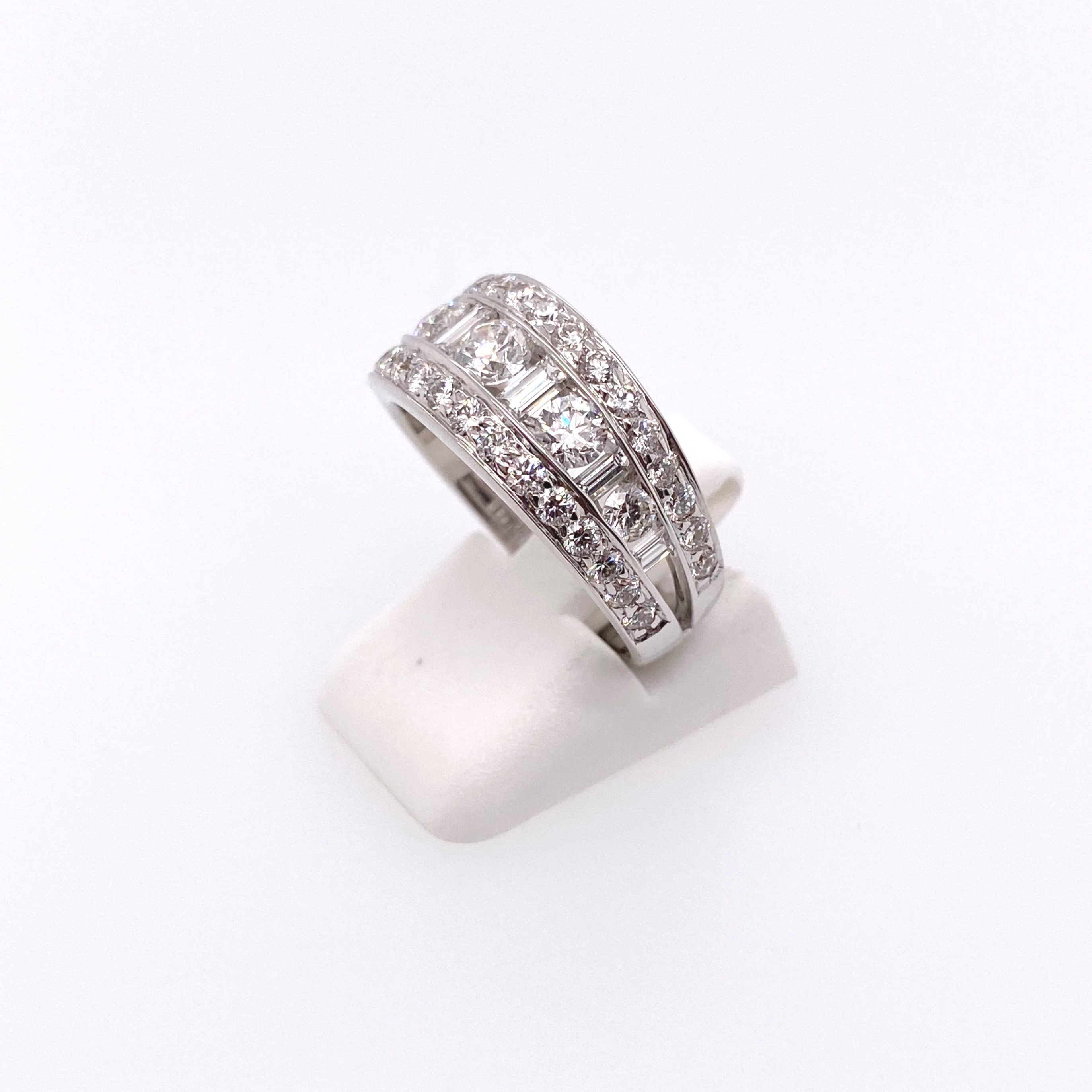 18K White Gold Diamond Baguette & Round 3-Row Curved Fashion Ring (2.16ctw)