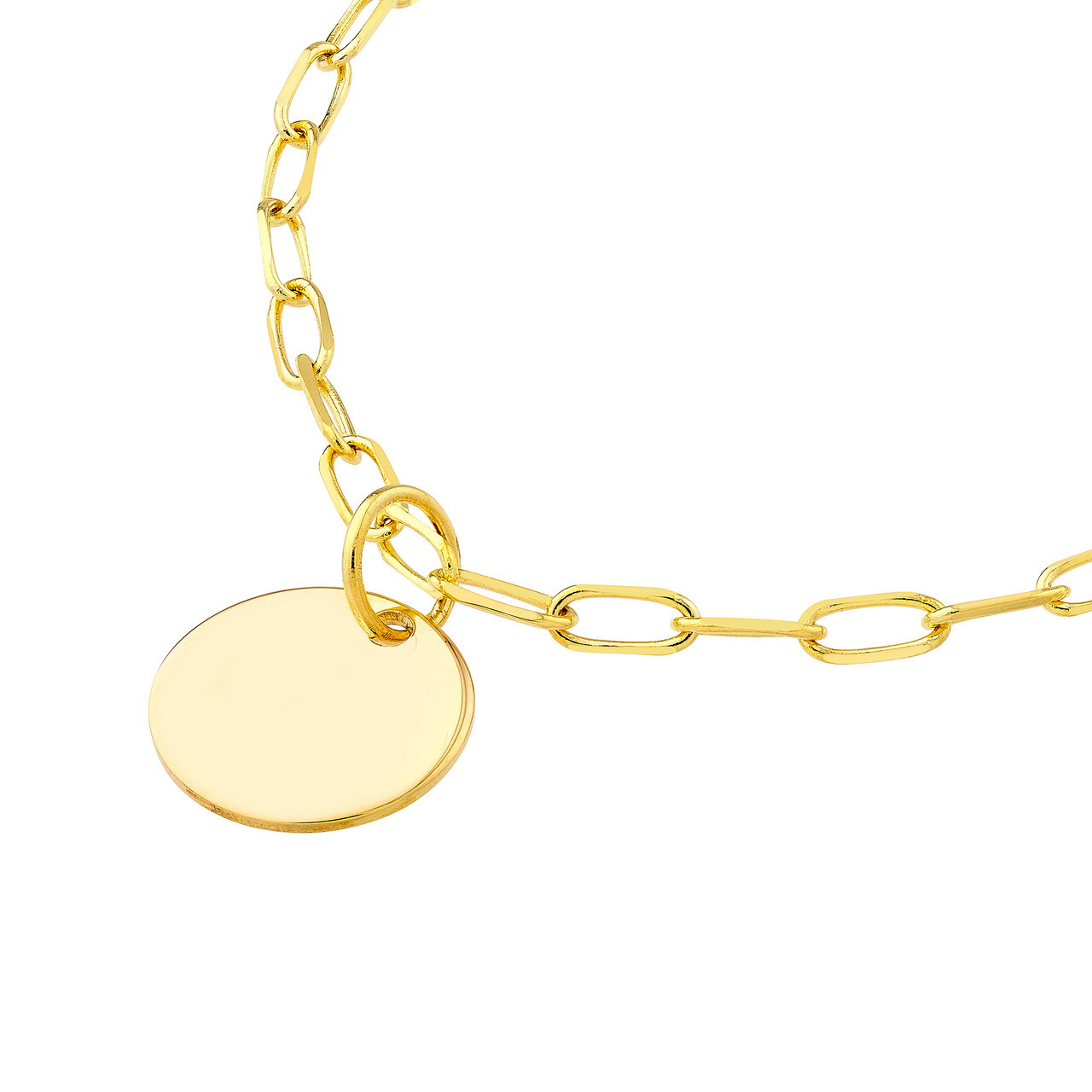 14K Yellow Gold Paper Clip Chain Necklace with Disc Dangle (1.7mm, 18")