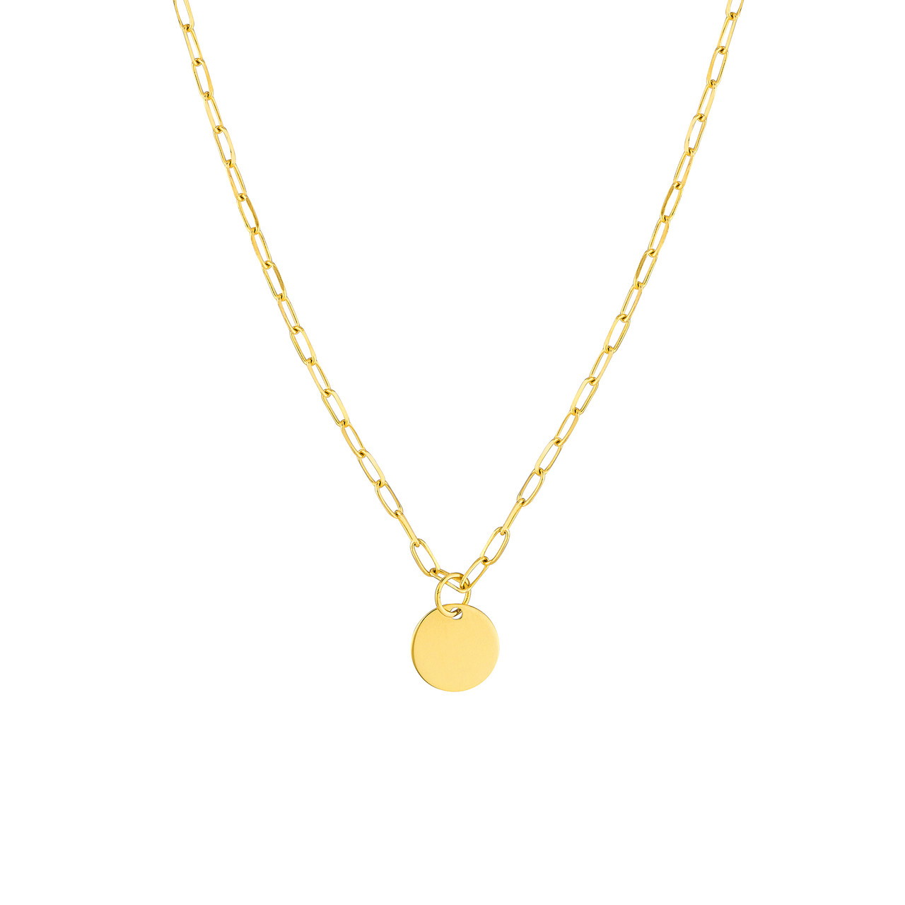 14K Yellow Gold Paper Clip Chain Necklace with Disc Dangle (1.7mm, 18")