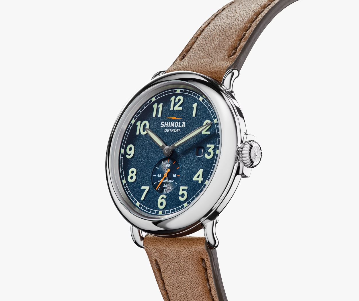Shinola 45mm Runwell Automatic Watch - Blue Dial, British Tan Leather Strap