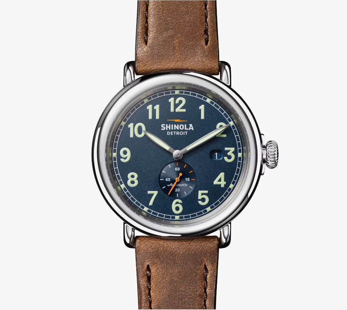 Shinola 45mm Runwell Automatic Watch - Blue Dial, British Tan Leather Strap