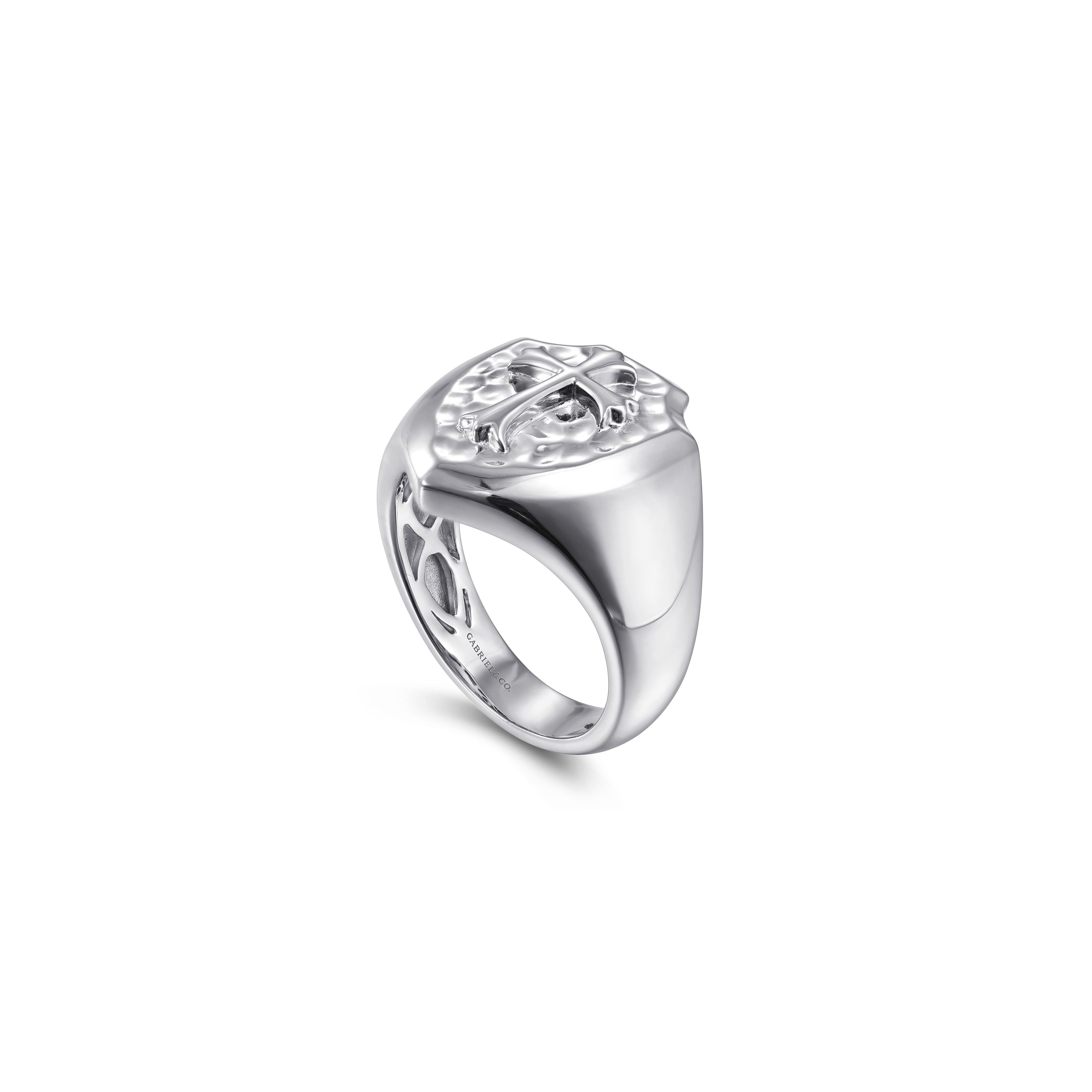 Gabriel & Co. Sterling Silver Traditional Cross Signet Hammered Band Ring - Size 10