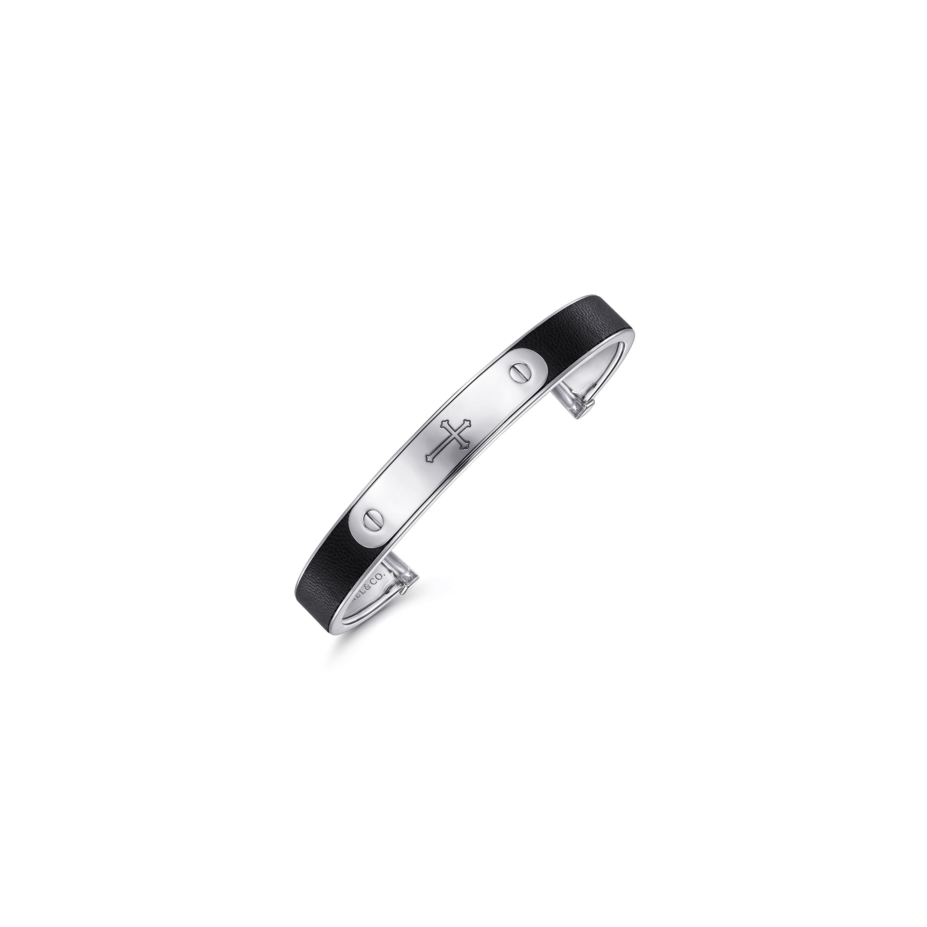 Gabriel & Co. Sterling Silver Leather Cross ID Cuff Men's Bangle Bracelet