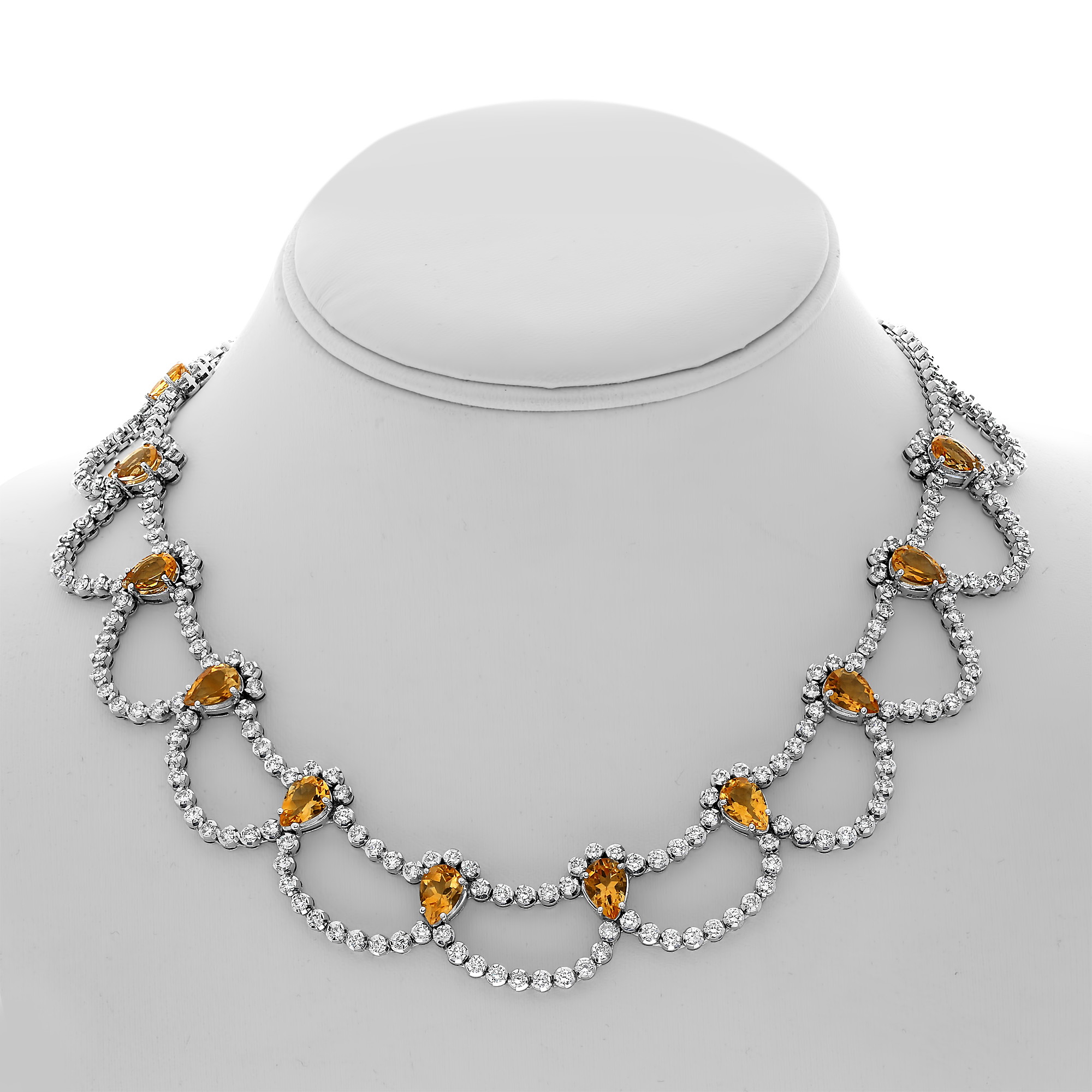 18K White Gold Pear Citrine & Diamond Scallop Necklace