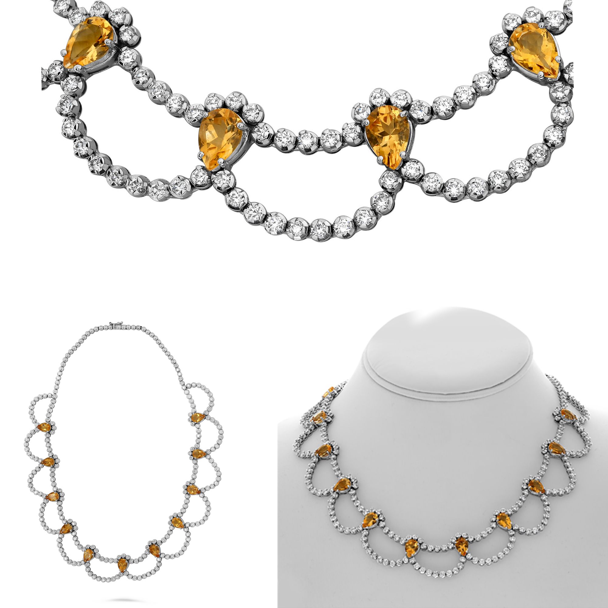 18K White Gold Pear Citrine & Diamond Scallop Necklace