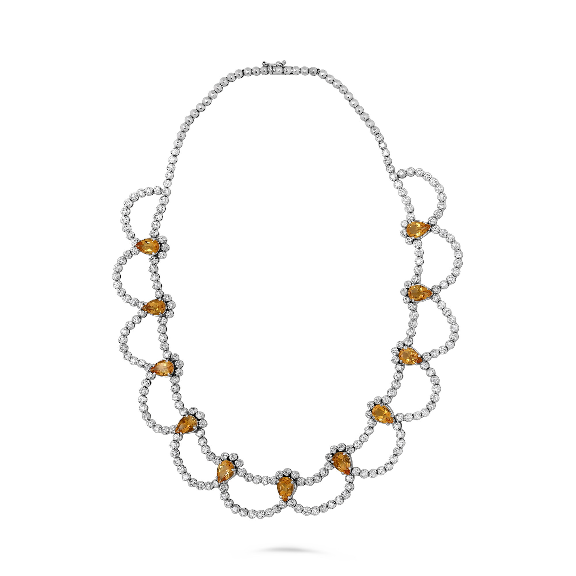 18K White Gold Pear Citrine & Diamond Scallop Necklace
