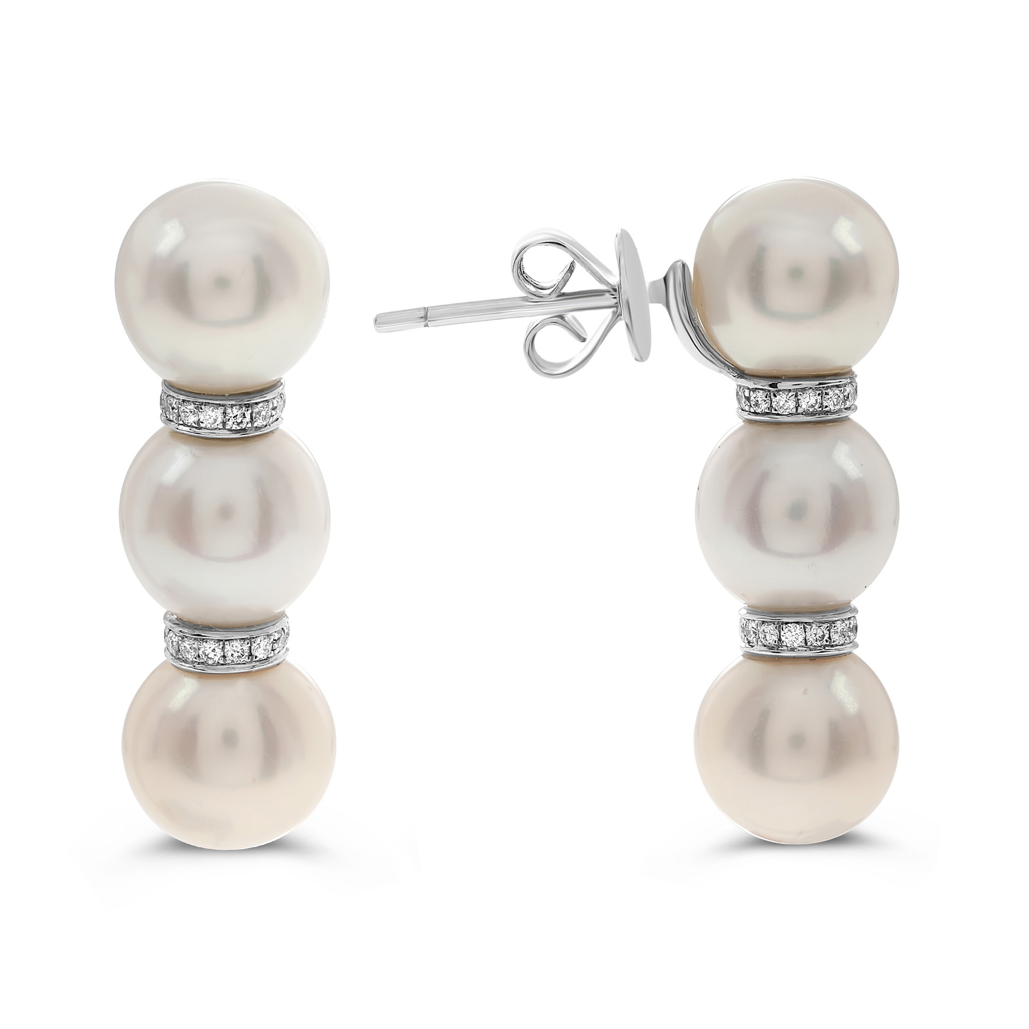 18K White Gold Pearl & Diamond 3-Stack Stud Earrings