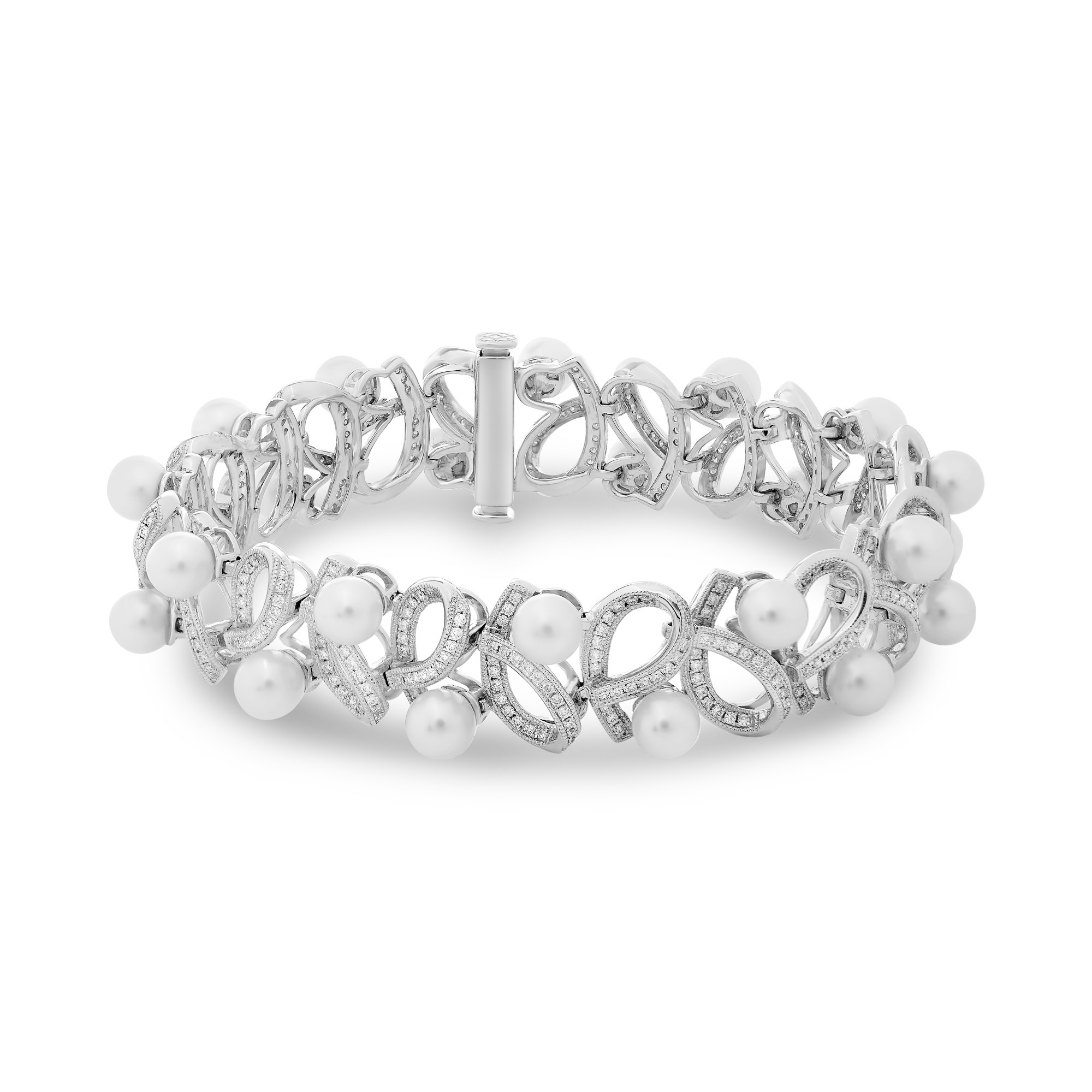 18K White Gold Pearl & Diamond Ribbon Bracelet (1.66ctw)