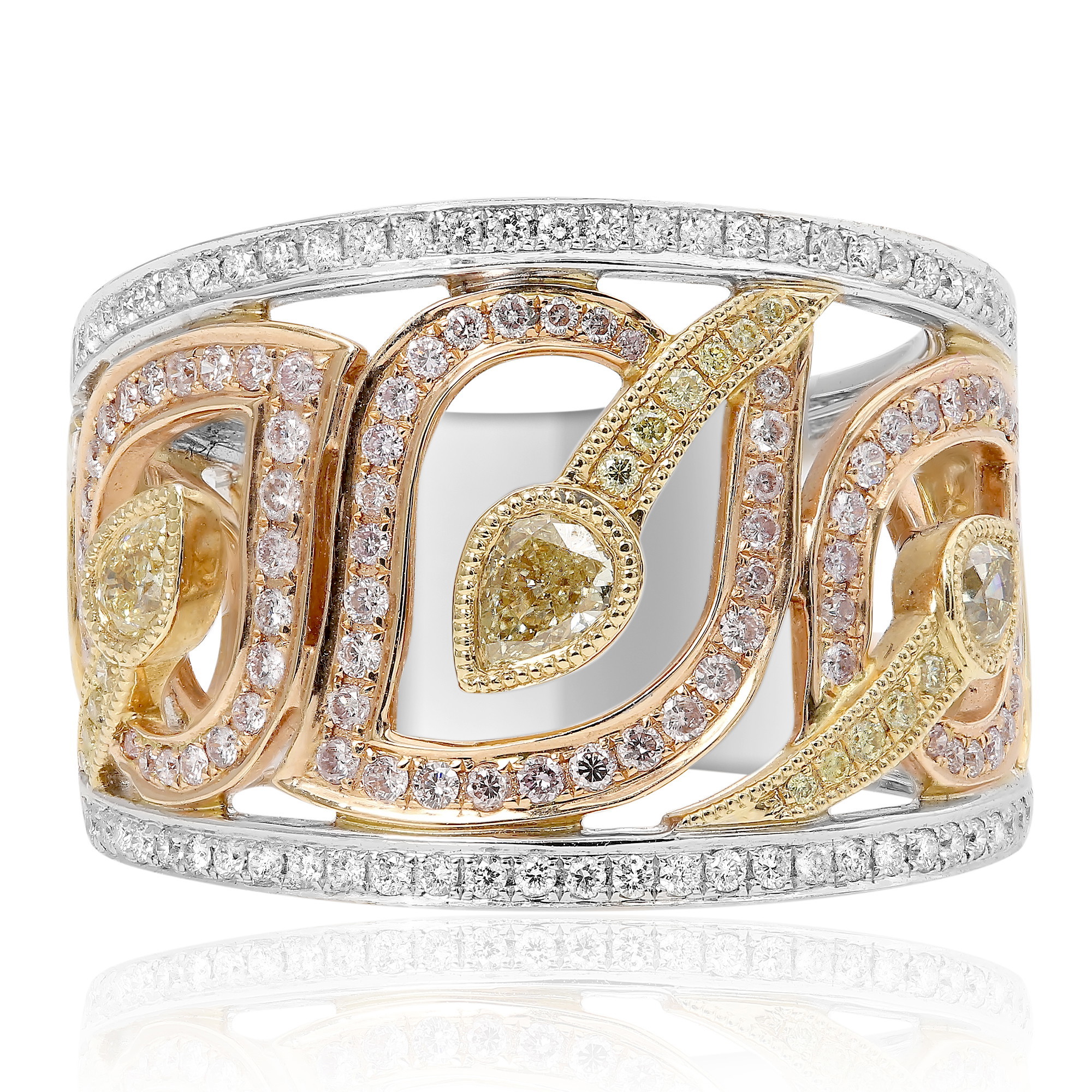 18K White, Yellow & Rose Gold Pink & White Diamond Swirl/Pear Band