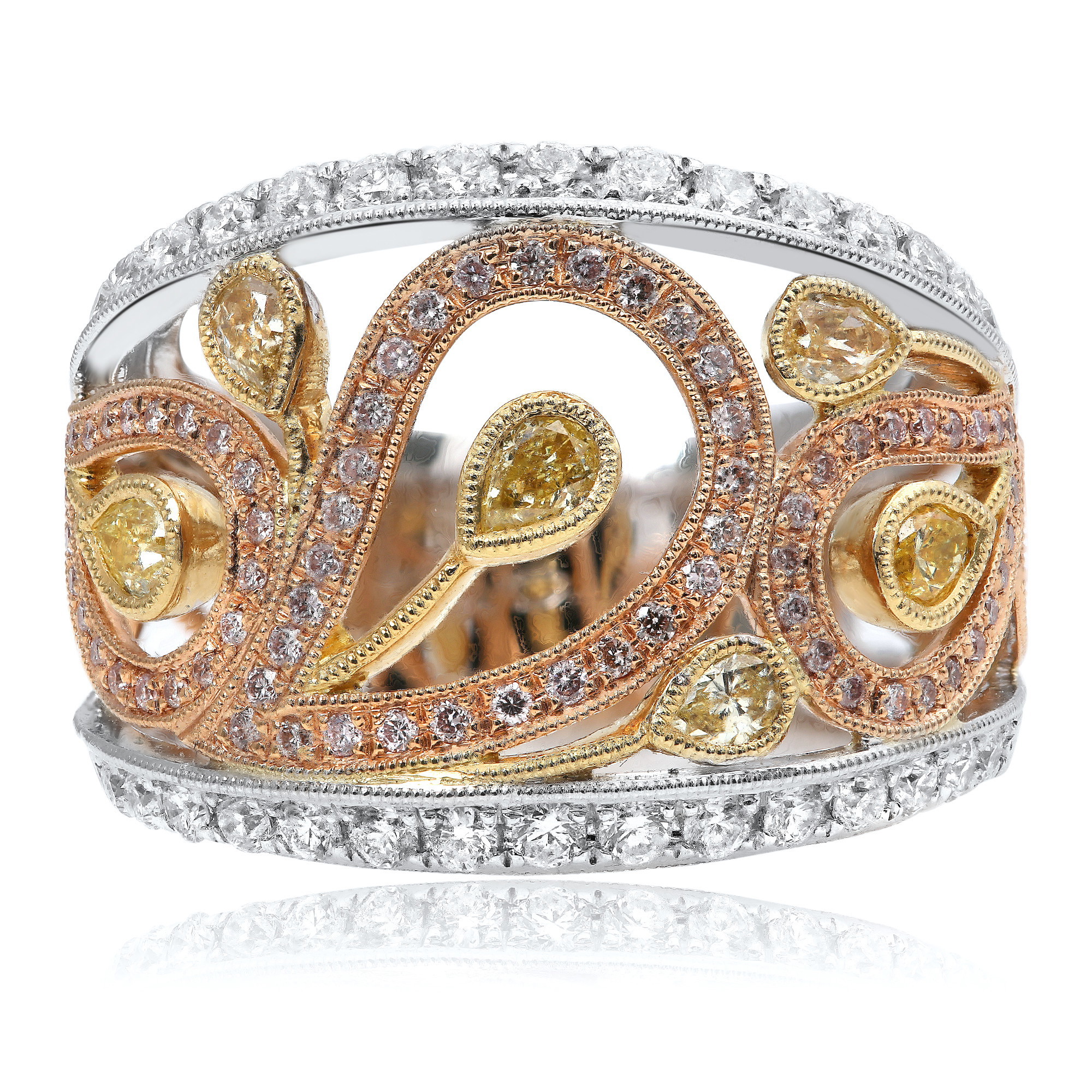 18K White, Yellow & Rose Gold Pink & White Diamond Swirl/Pear Band